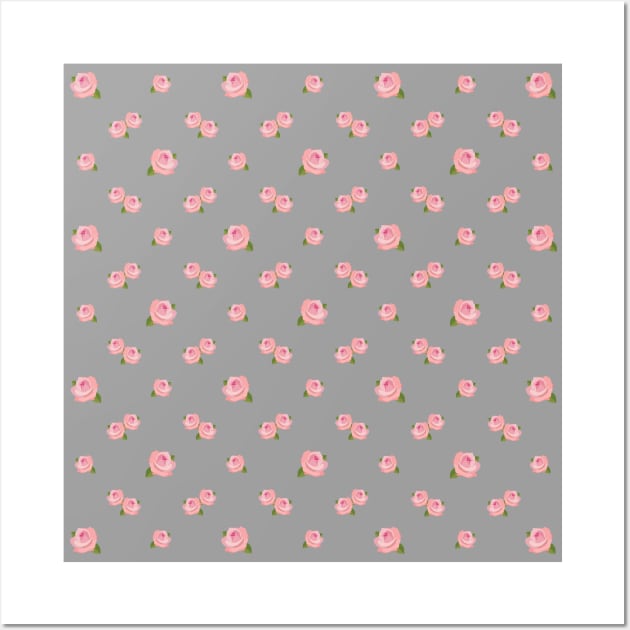 Pink Rose Illustrative Pattern on Gray Wall Art by NataliePaskell